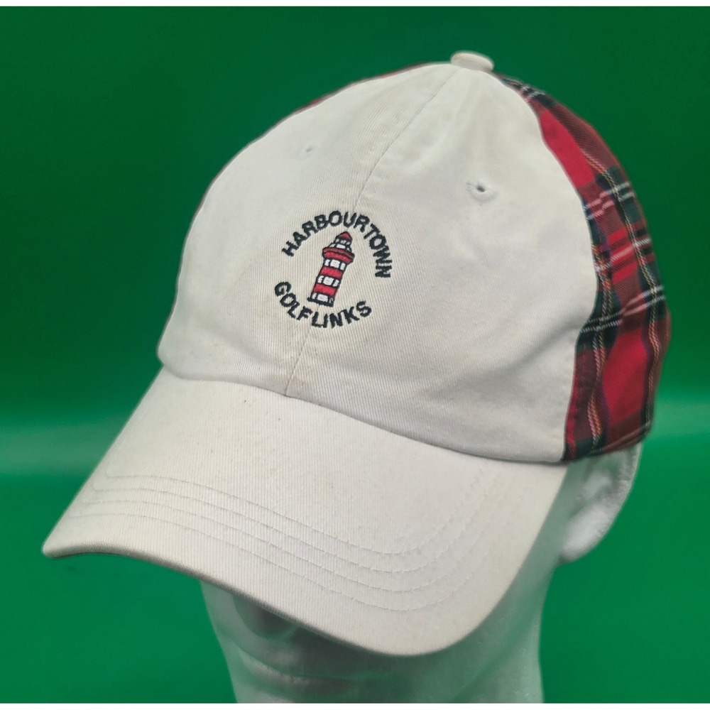 Ahead Harbourtown Golf Links Hat White Red Tartan Plaid Lighthouse Adjustable